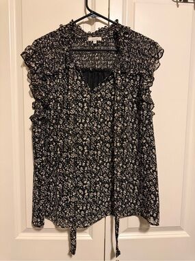 Pleione Black Floral Ruffle Tie-Neck Blouse